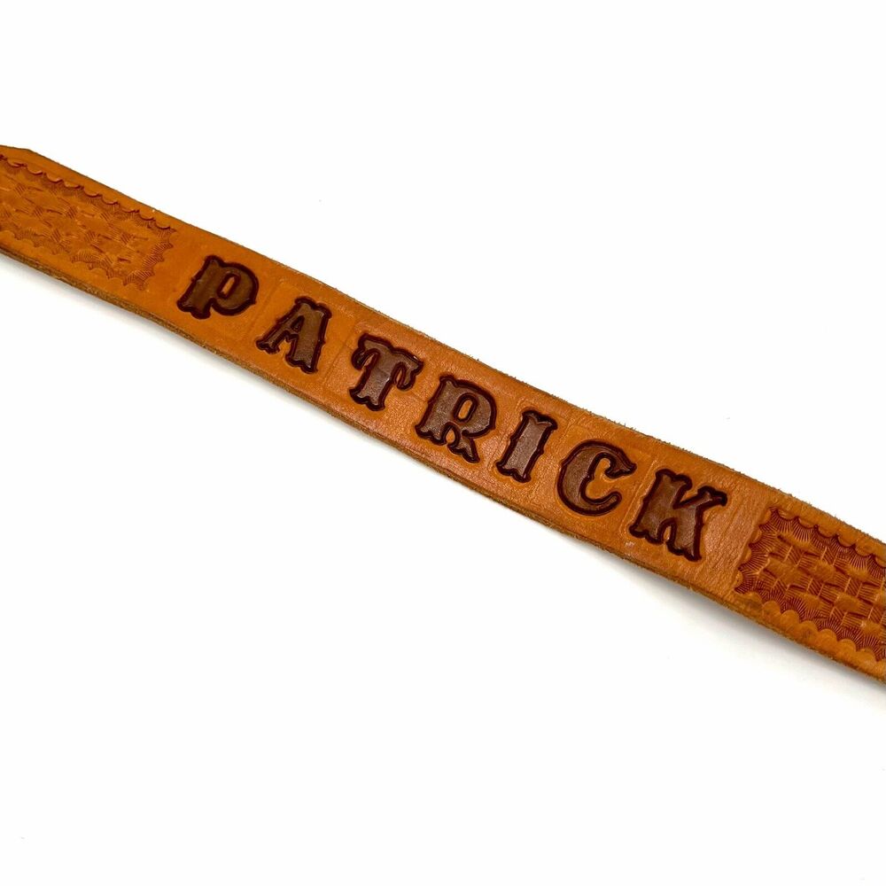 Patrick Boys Hand Tooled Leather Western Name Belt 20-24” Tan Basketweave Cowboy